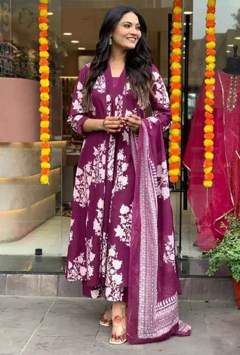 Printed A-Line Purple Kurta and Pant Set With Dupatta