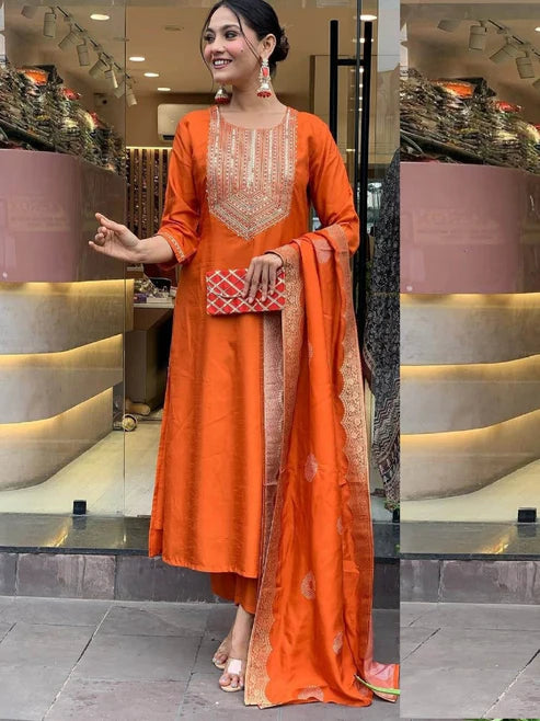 Embroidered Straight Kurta And Pant Set With Dupatta