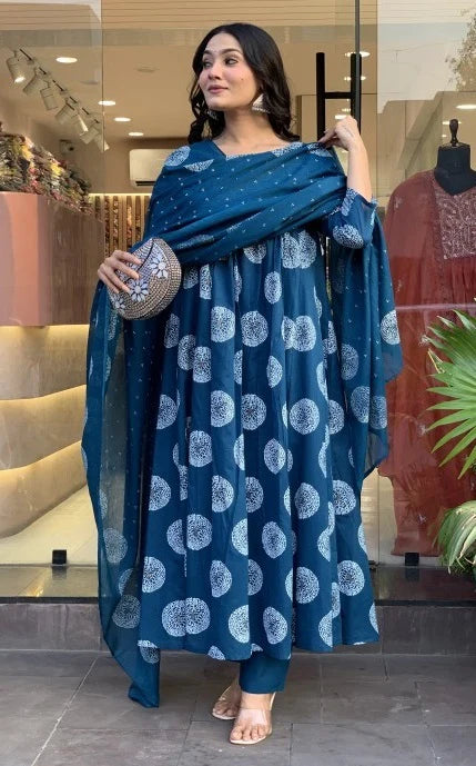 A-Line Blue Kurta And Pant Set With Dupatta