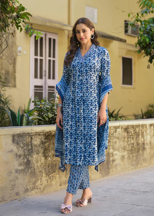 Printed A-Line Blue Kurta And Pant Set With Dupatta