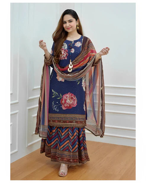 Printed and Embroidered Kurta and Sharara Set with Dupatta