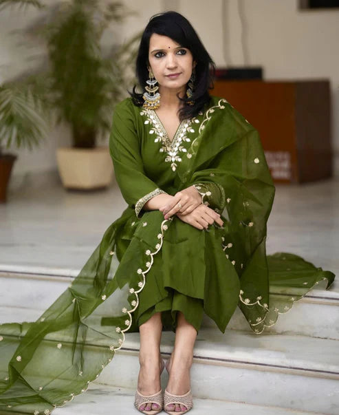 Embroidered Straight Kurta And Pant Set With Dupatta