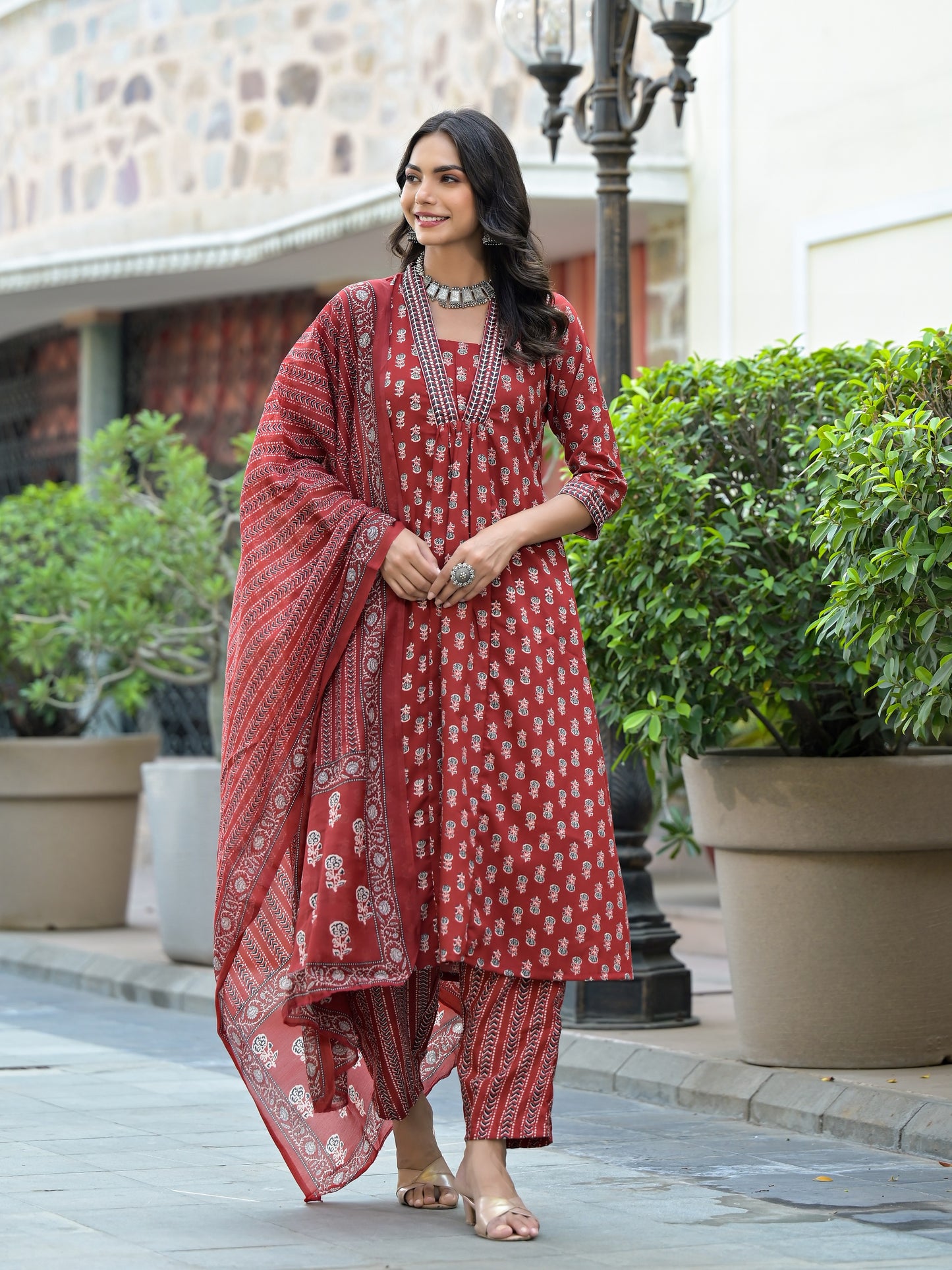 Women Red Embroidery Viscose Rayon Kurta, Pant And Dupatta Set