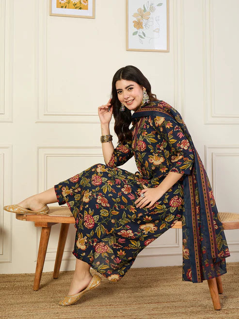 Printed A-Line Floral Blue Kurta and Pant Set With Dupatta