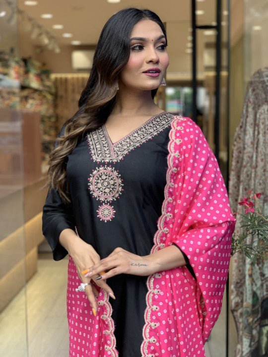 Embroider Silk Kurta and Pant Set with Dupatta
