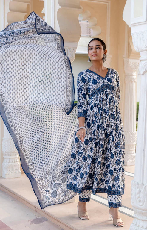 Kalamkari Printed Anarkali Kurta and Pant Set With Dupatta