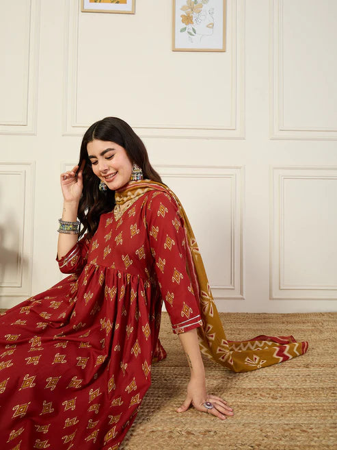 Printed Anarkali Kurta and Pant Set With Dupatta