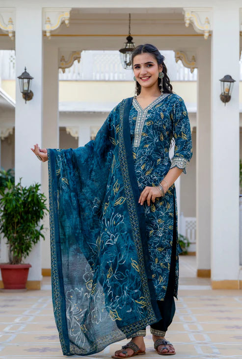 Printed Straight Kurta and Pant set with Dupatta