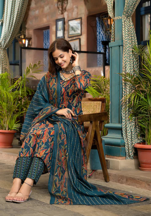 Embroidery A-Line Kurta and Pant set with Dupatta