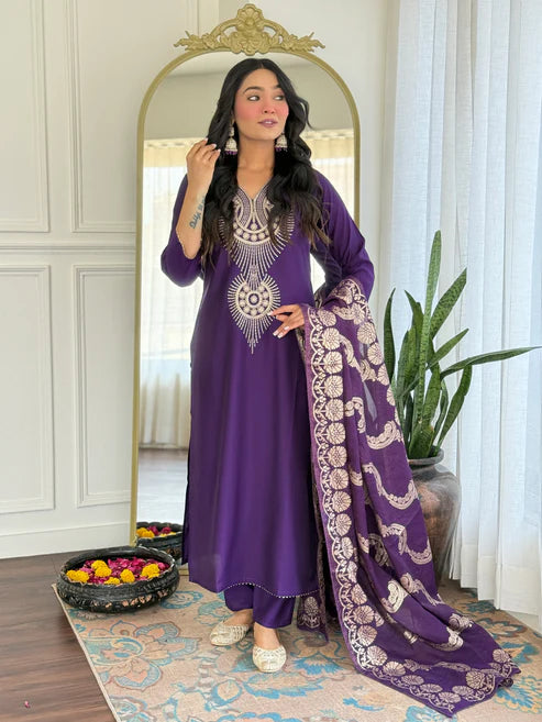 Elegant Solid Embroidered Kurta Set for Women – Festive Wear with Dupatta