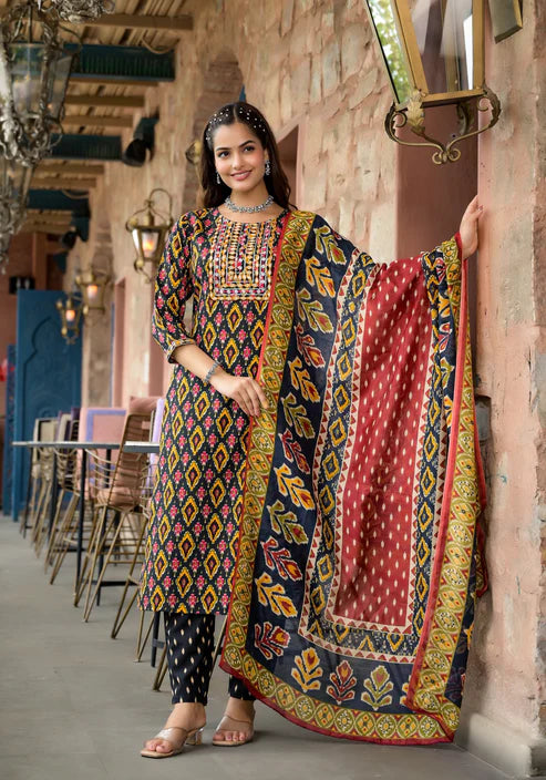 Embroidery Straight Kurta and Pant set with Dupatta