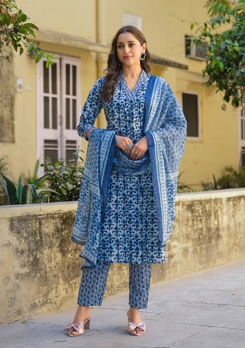 Printed A-Line Blue Kurta And Pant Set With Dupatta