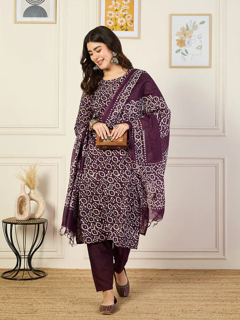 Printed Straight Kurta and Pant Set With Dupatta