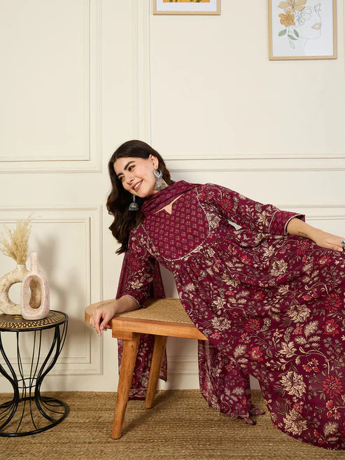Floral Printed Anarkali Maroon Kurta and Pant Set With Dupatta
