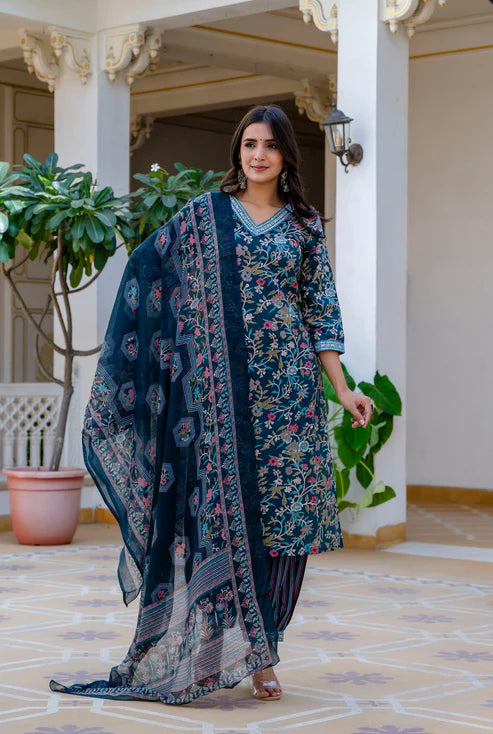 Printed Straight Kurta and Pant set with Dupatta