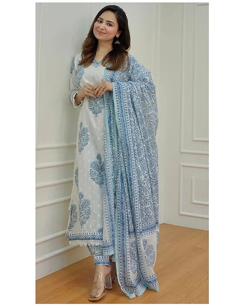 White Printed Straight Kurta and Pant set with Dupatta