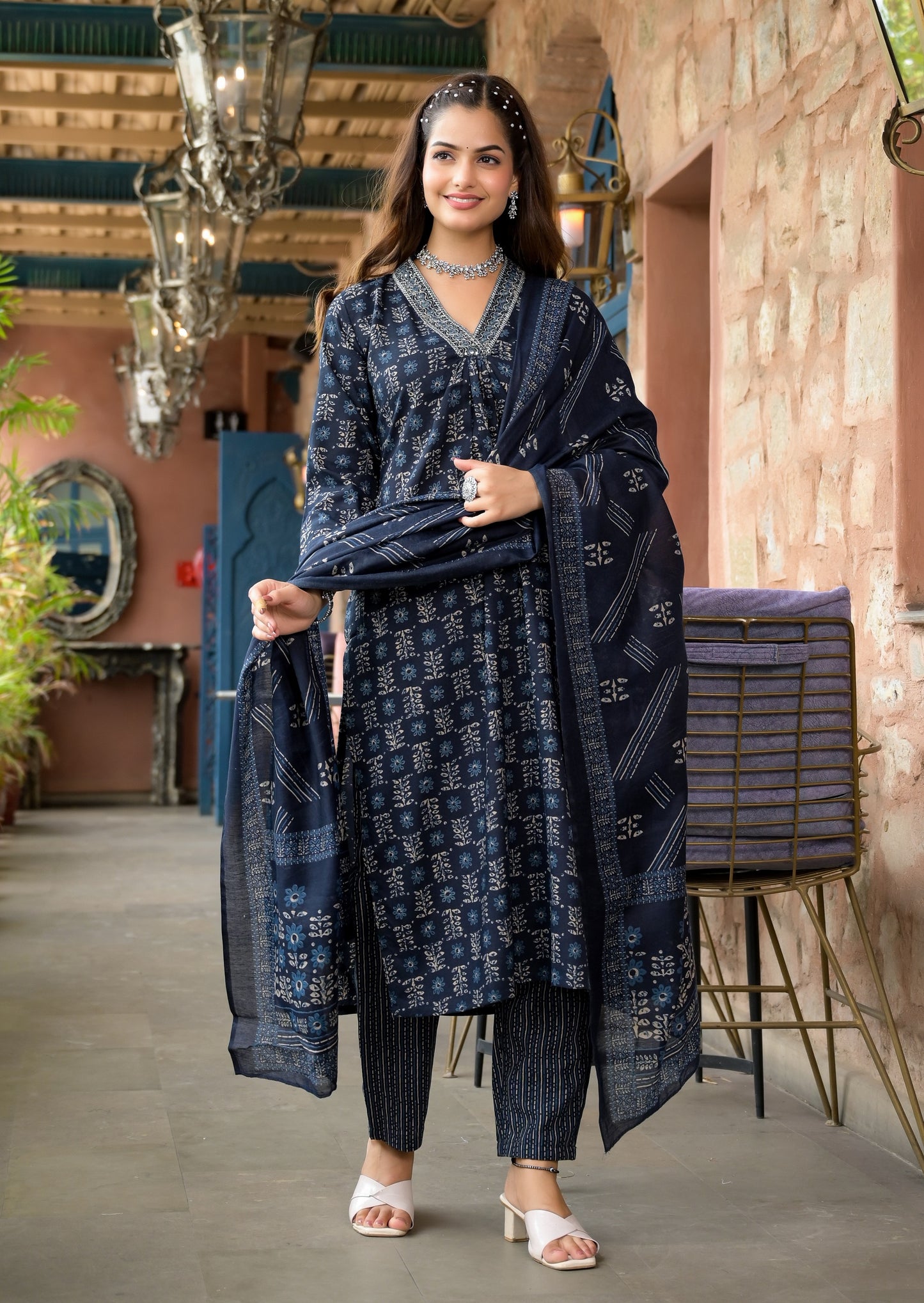 Women Navy Blue Embroidery Viscose Rayon Kurta, Pant And Dupatta Set