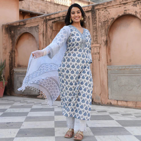 Printed Straight Kurta and Pant set with Dupatta