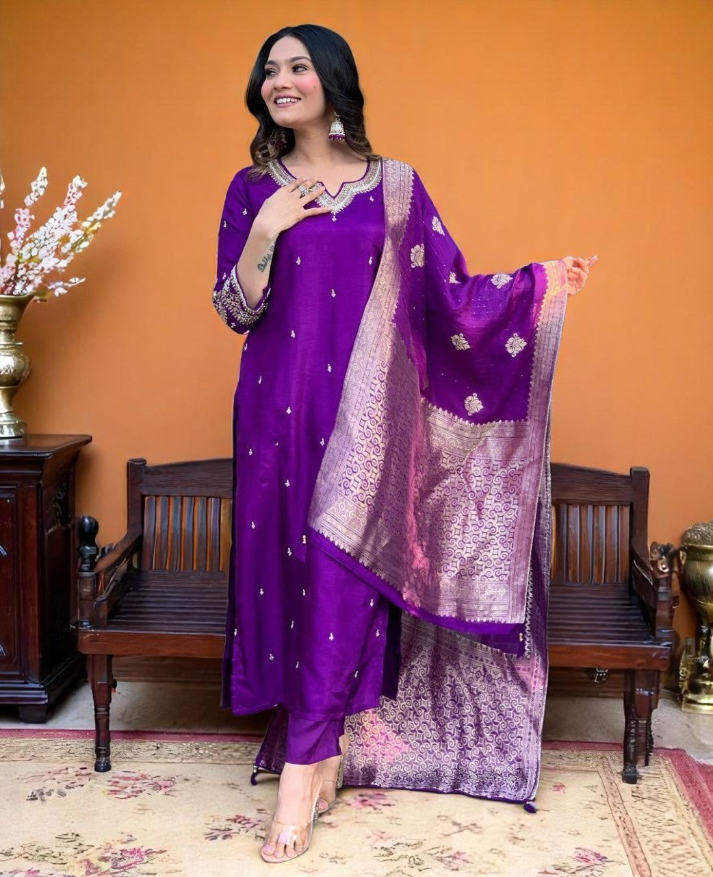 Women Silk Kurta Pant Dupatta Set