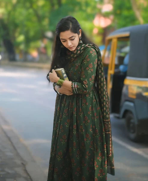 Floral Anarkali Printed Green Kurta and Pant Set With Dupatta