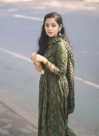 Floral Anarkali Printed Green Kurta and Pant Set With Dupatta