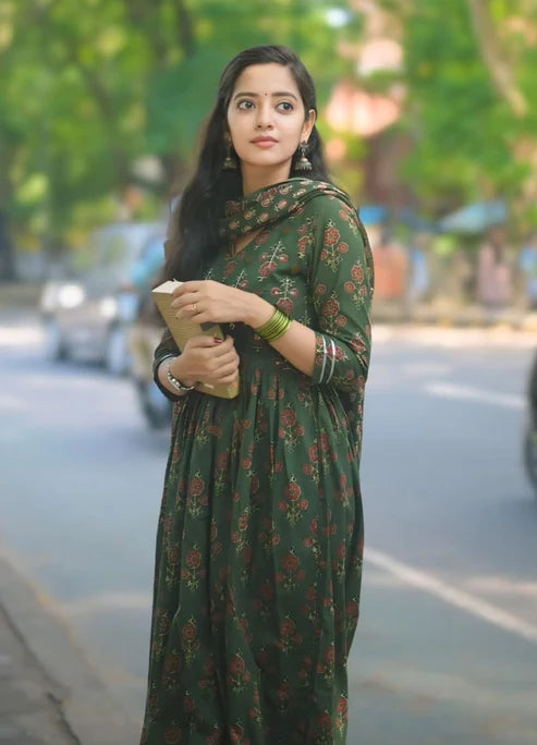 Floral Anarkali Printed Green Kurta and Pant Set With Dupatta