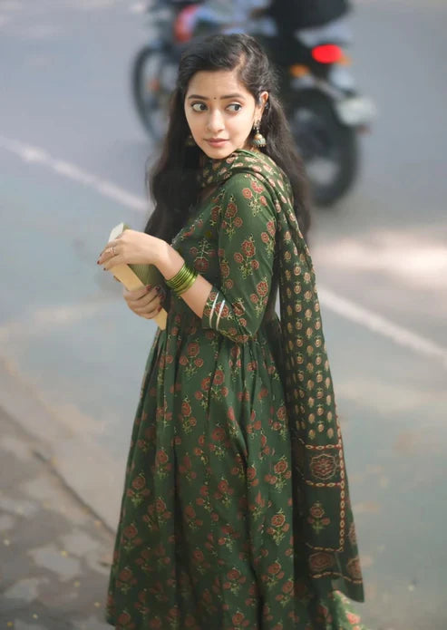 Floral Anarkali Printed Green Kurta and Pant Set With Dupatta