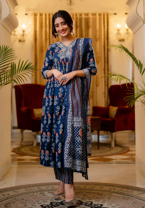 Printed Flared A-Line Kurta and Pant set with Dupatta