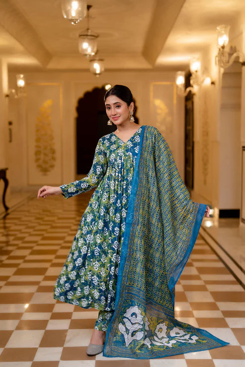 Women Printed Flared Anarkali Kurta and Pant Set with Dupatta