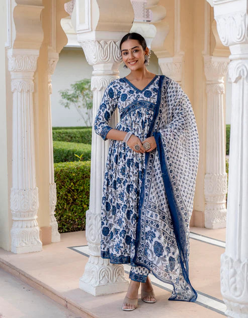 Kalamkari Printed Anarkali Kurta and Pant Set With Dupatta
