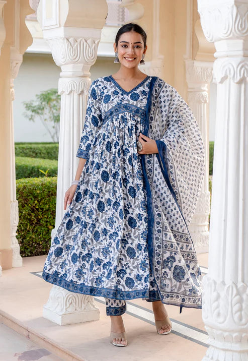 Kalamkari Printed Anarkali Kurta and Pant Set With Dupatta