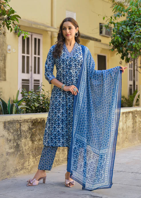 Printed A-Line Blue Kurta And Pant Set With Dupatta