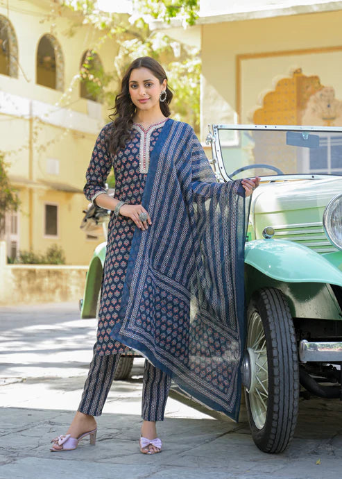 Printed Straight Blue Kurta And Pant Set With Dupatta