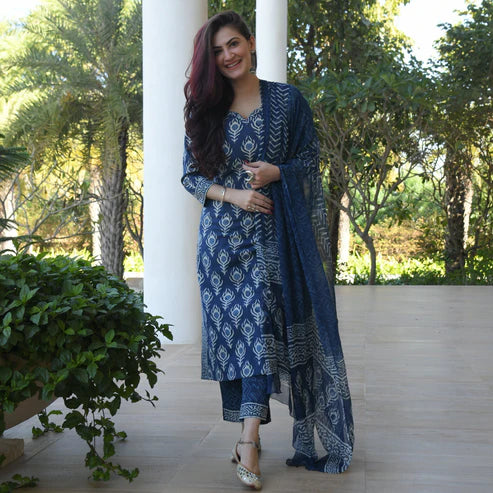 INDIGO PRINTED COTTON SUIT SET