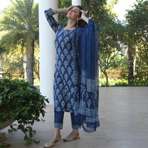 INDIGO PRINTED COTTON SUIT SET