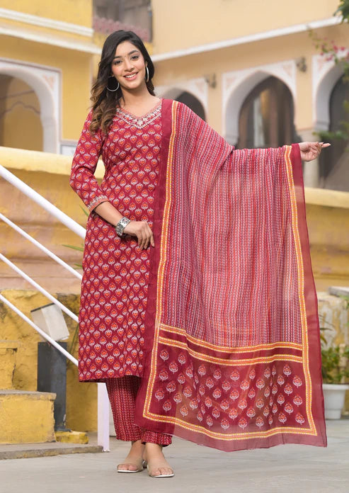 Block Printed Straight Kurta and Pant set with Dupatta