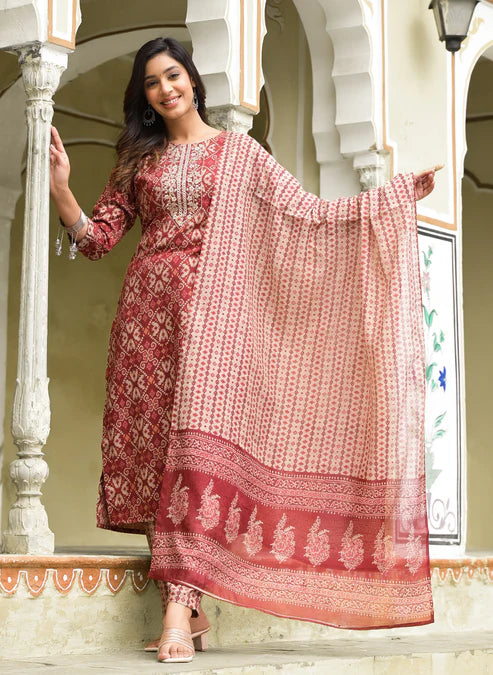 Block Printed Straight Kurta and Pant set with Dupatta