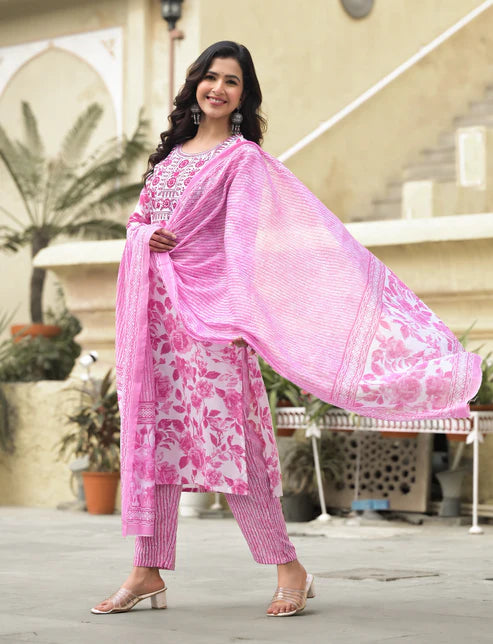 Embroidered Straight Kurta and Pant set with Dupatta