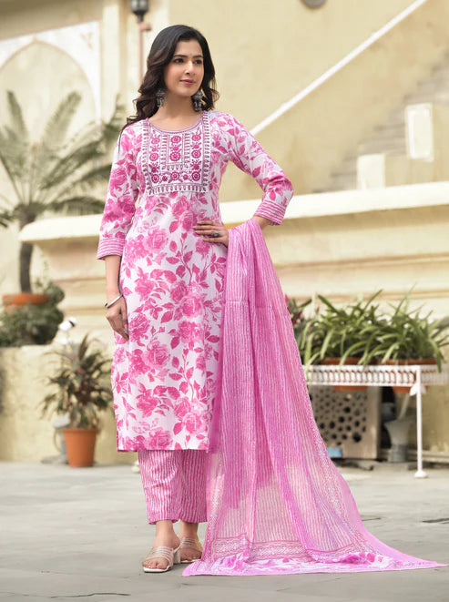 Embroidered Straight Kurta and Pant set with Dupatta
