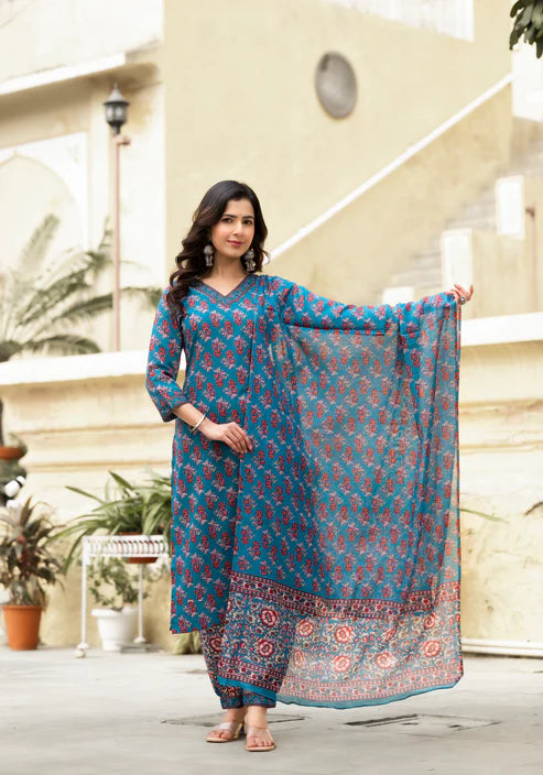 Ethnic set women Printed Kurta and afgani pant set with Dupatta