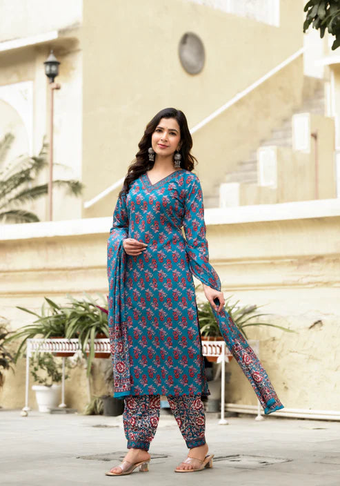 Ethnic set women Printed Kurta and afgani pant set with Dupatta