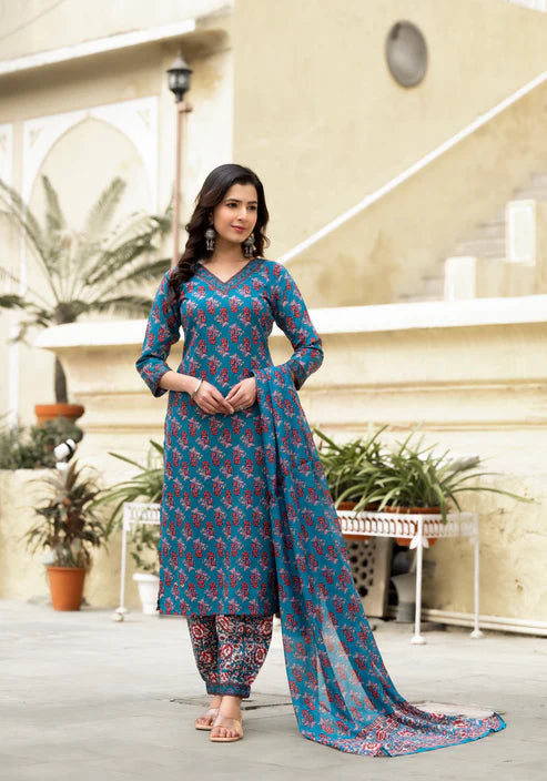 Ethnic set women Printed Kurta and afgani pant set with Dupatta