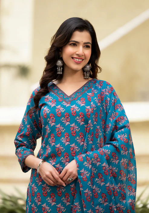 Ethnic set women Printed Kurta and afgani pant set with Dupatta
