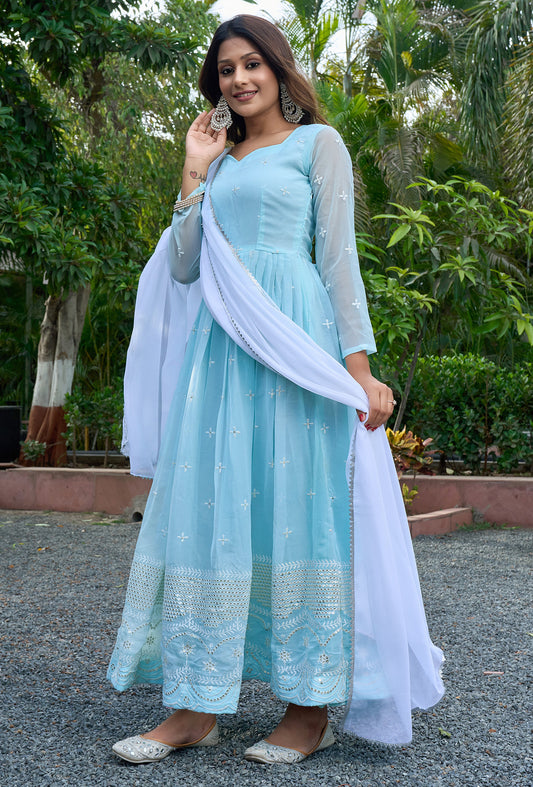 Embroidered Georgette Stitched Anarkali Gown With Dupatta