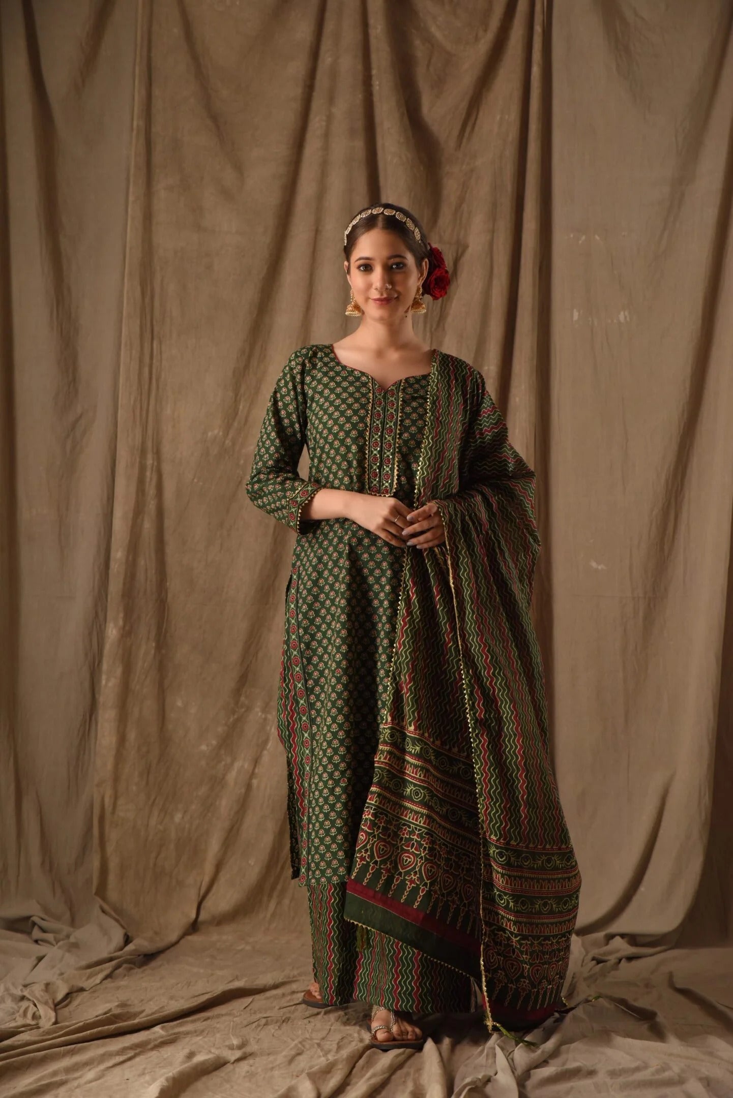 Anarkali Printed Kurta Pant Dupatta Set