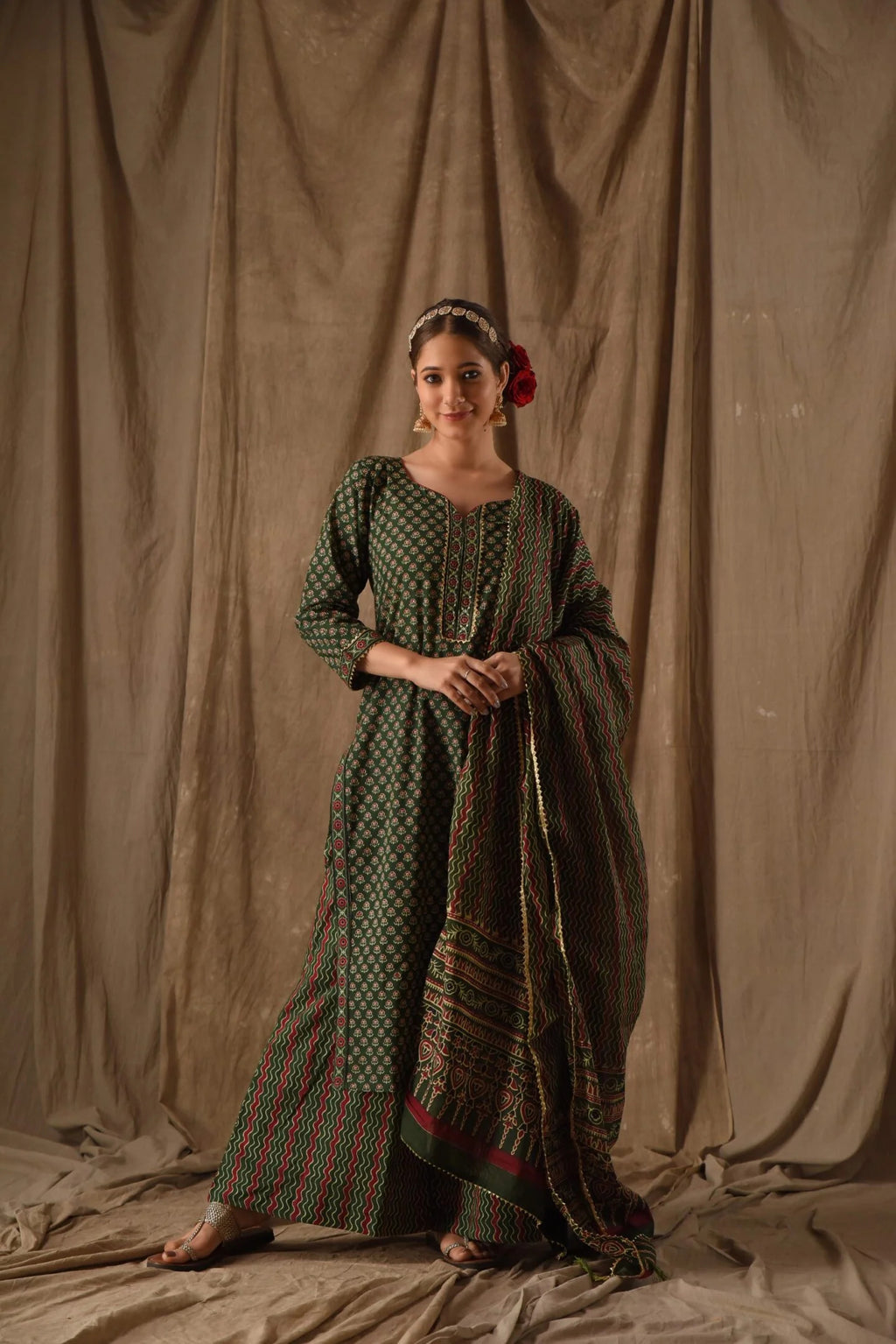 Anarkali Printed Kurta Pant Dupatta Set