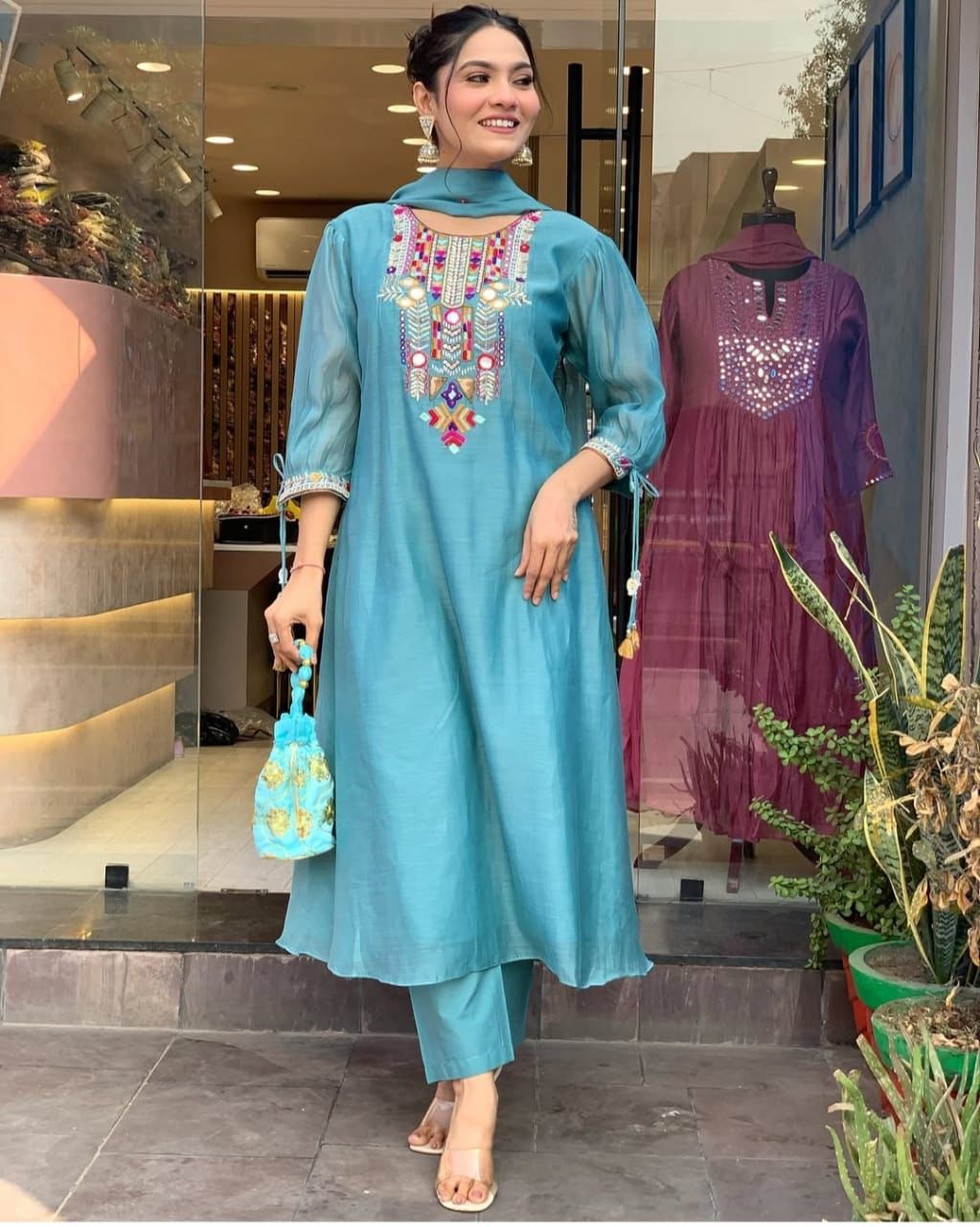 Chanderi Cotton Kurta Set with Embroidery Work