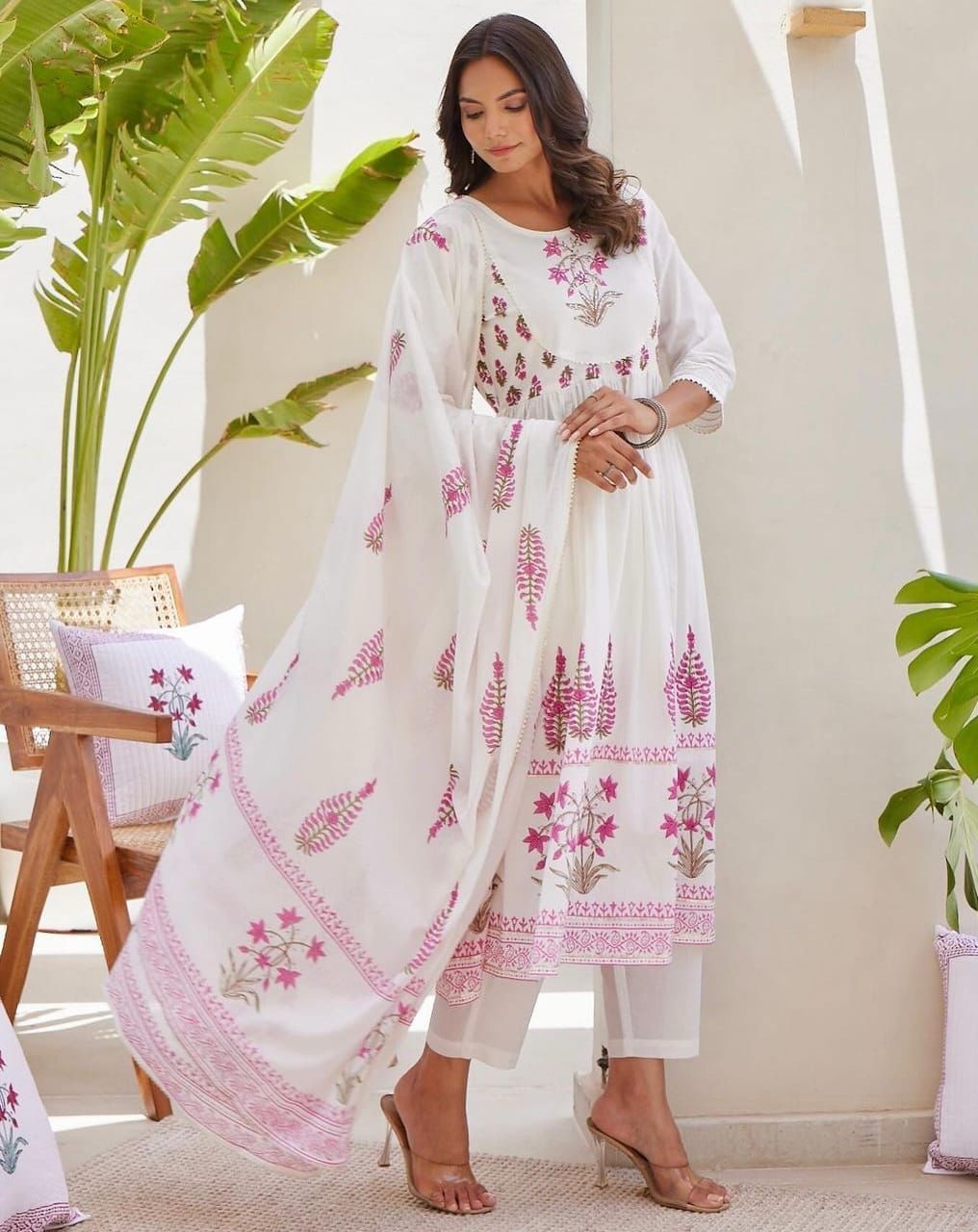 Pure cotton Full ghera Kurti with pant and dupatta set