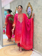 Chinon Anarkali Kurta Set with Digital Print and Mirror Work