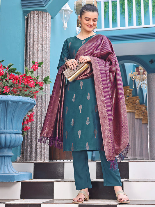 Women Jacquard Kurta Pant Dupatta Set